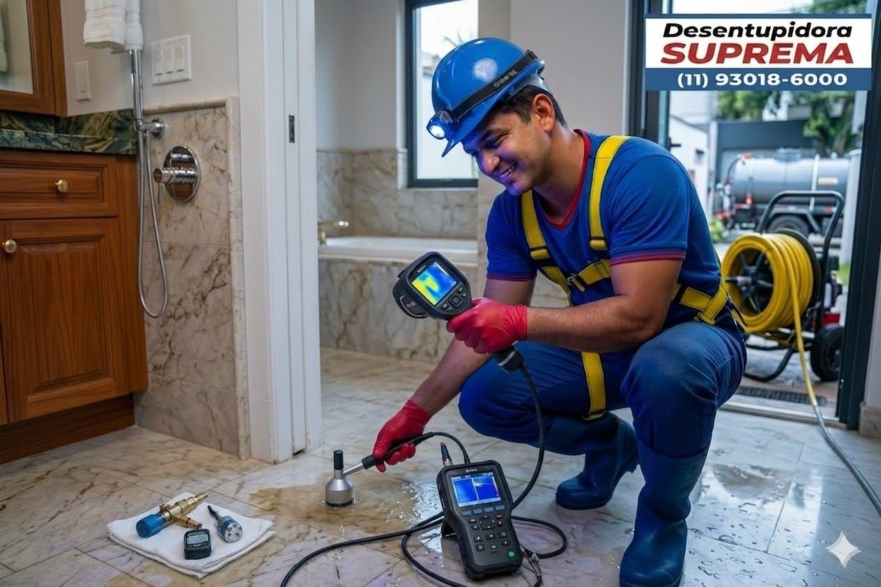 Técnico da Suprema Desentupidora usando câmera termográfica em caça vazamento no banheiro