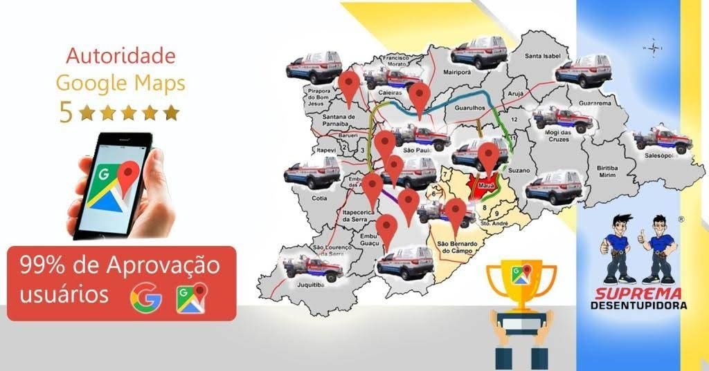 Mapa de cobertura da Suprema Desentupidora na Grande São Paulo